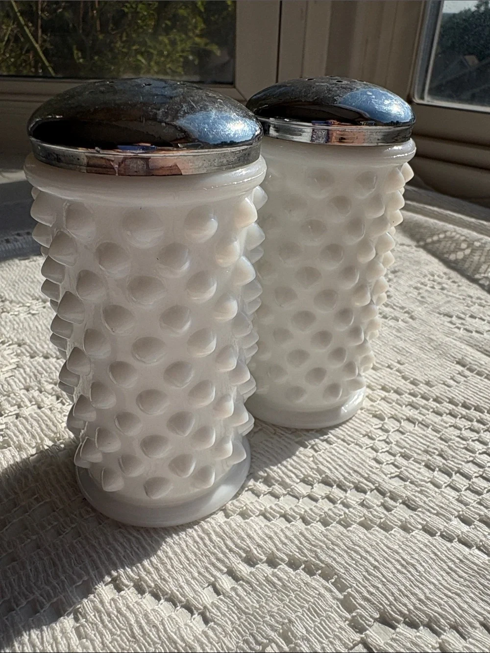 Vintage White Hobnail Glass Salt and Pepper Shakers with Silver Tops